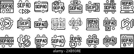 Skip ad icons set. Skip ad button icon set showing viewers not wanting to watch videos with marketing and advertisement Stock Vector