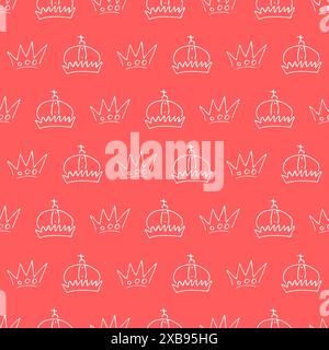 Hand drawn crowns. Seamless pattern of simple graffiti sketch queen or king crowns. Royal imperial coronation and monarch symbols. White brush doodle Stock Vector