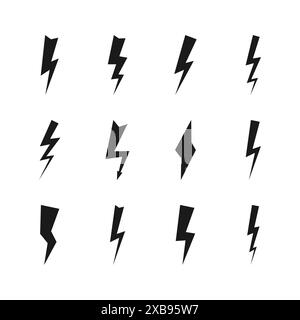 Set of twelve dark thunderstorms. Thunderbolt and high voltage black icons on white background. Vector illustration. Stock Vector