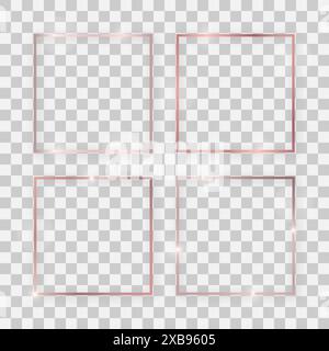 Set of four rose gold shiny square frames with glowing effects and shadows on transparent background. Vector illustration Stock Vector