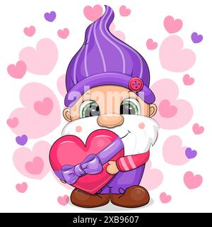 Cute cartoon gnome with heart. Vector illustration of dwarf man on white background with pink hearts. Stock Vector