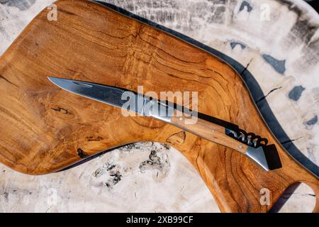 A closeup of a knife out of Japanese steel with an olive wooden grip Stock Photo