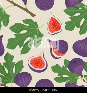 Seamless pattern of Fresh ripe Figs branches. Vector illustration in flat style Stock Vector