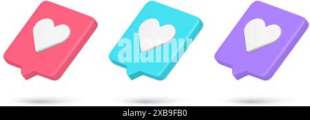 Multicolored realistic 3d icon heart online dating quick tips notification set vector illustration. Collection like love romantic virtual service symb Stock Vector