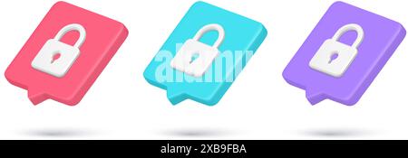 Realistic closed padlock hanging with hole for key isometric quick tips collection vector illustration. Set secure lock emblem speech bubble symbol pr Stock Vector
