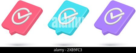 Collection checkmark in circle complete done ok 3d icon realistic vector illustration. Set check mark quick tips internet notification accept agreemen Stock Vector