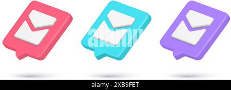 Collection realistic 3d isometric icon closed mail envelope quick tips vector illustration. Set email new message alert multicolored diagonally placed Stock Vector