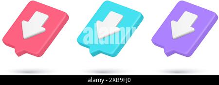 Realistic quick tips downward arrow download direction pointer 3d icon collection vector illustration. Set down navigation point interface cursor onli Stock Vector