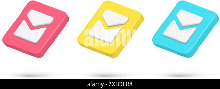 Collection realistic 3d isometric icon closed mail envelope quick tips vector illustration. Set email new message alert multicolored diagonally placed Stock Vector