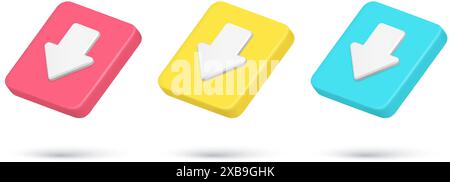 Realistic quick tips downward arrow download direction pointer 3d icon collection vector illustration. Set down navigation point interface cursor onli Stock Vector