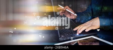 Data Science and engineering, digital technology, futuristic tech background. Software engineer working with database and big data analytics, cloud co Stock Photo