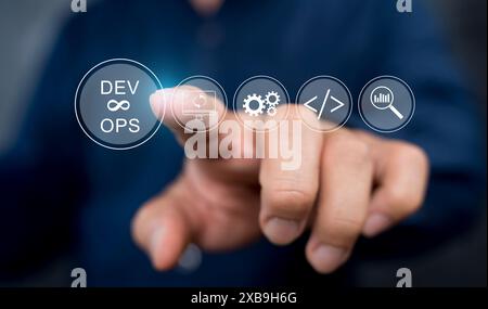 DevOps software development and IT operations, software engineer, project manager working in agile methodology, dev ops icon and javascript. Developme Stock Photo