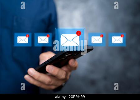 Email Spam concept. Spam email notification on virtual screen, junk and e-marketing, warning notification and spam message. Stock Photo