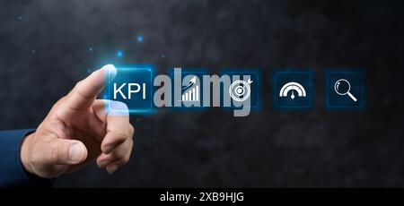 KPI Business analytics. Business strategy and business intelligence. Businessman touching KPI icon of data analytics report and Key Performance Indica Stock Photo