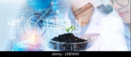 Scientists are experimenting Genetic research and Biotech science Human Biology and pharmaceutical technology on laboratory background. Medical scienc Stock Photo