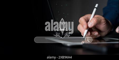 SEO, Search Engine Optimization. Man touching search bar on virtual screen, working on laptop computer searching the information, internet browsing. W Stock Photo