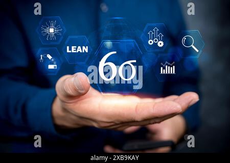 Six Sigma, Lean manufacturing, quality control and industrial process improving concept. Businessman touching lean six sigma button for improved manuf Stock Photo