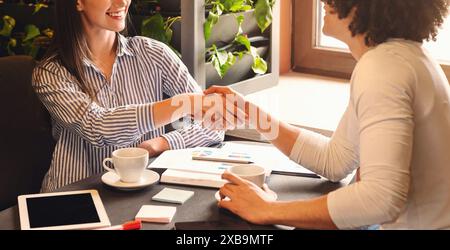 Young colleagues handshaking during informal meeting in cafe Stock Photo
