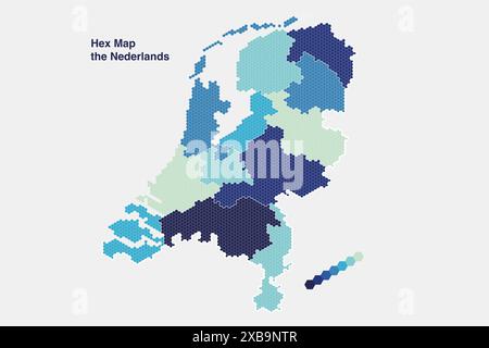 Map of Netherlands with the 12 provinces in 7 blue colors on a gray background in a hexagon tile mosaic. Stock Photo