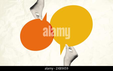 Halftone hands holding speech bubbles collage vector illustration Stock Vector