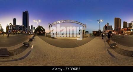 360 degree panoramic view of Panoramic view of a Surfers Paradise coastal city skyline during sunset with clear sky and urban architecture Queensland Australia