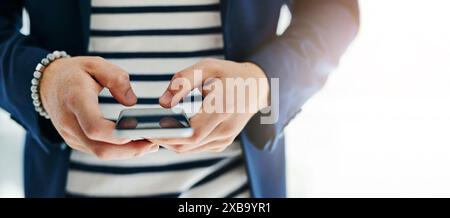 Hands, phone and working or typing for crypto, trading on stock market with financial assets. Mobile, person and casual with blockchain technology for Stock Photo