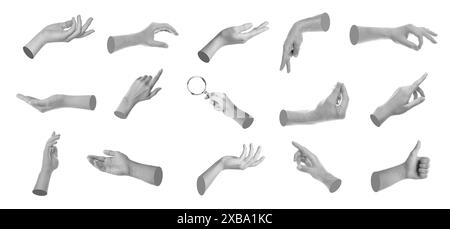 Set of different hand gestures isolated on white, black and white Stock Photo