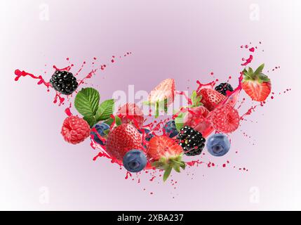 Different berries and splashing juice on color gradient background Stock Photo