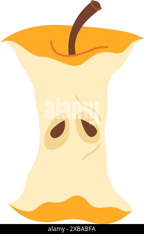 Yellow Apple Core. Hand drawn trendy flat style on transparent background. Apple eaten cartoon image art. Healthy vegetarian snack, apple stub for design, infographic. Vector illustration Stock Vector