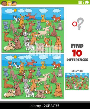 Cartoon illustration of finding the differences between pictures educational activity with dogs and cats characters group Stock Vector