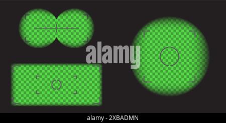 Video camera, binocular and camera roll viewfinder overlay green night vision. Camera and binocular frame vector template. Black lines on transparent Stock Vector