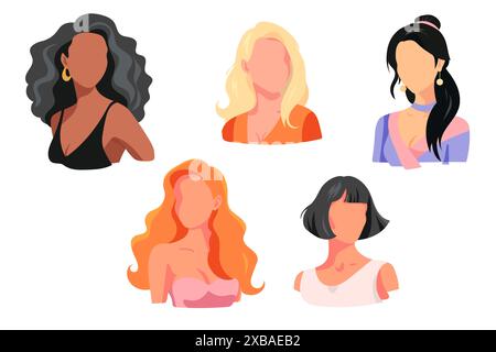 Vector graphics, female diversity, beautiful girls without face, portraits Stock Vector