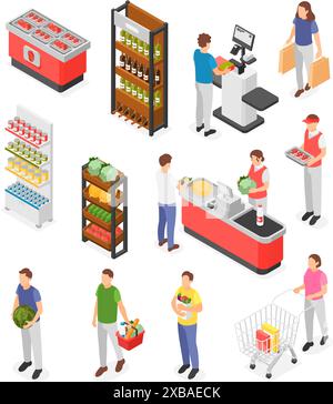 Isometric people in grocery supermarket. Person on cash self service buy food. Different products on stalls and stands. Flawless vector scenes Stock Vector