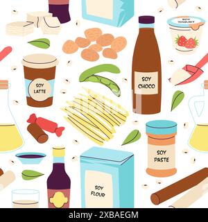Soy seamless pattern. Soybean food and drink, tofu, milk and yogurt. Asian products fabric or wrapping print design. Ingredients decent vector Stock Vector