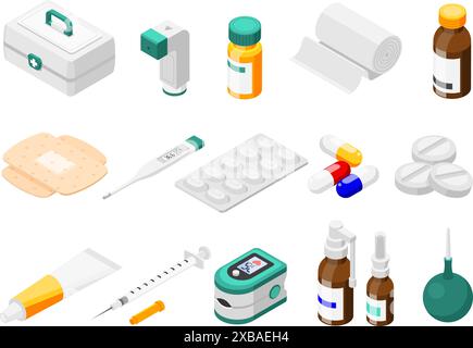 Isometric medical equipment and first aid kit. Pills, bandage, cream tube and bottles. Pharmacy and hospital elements, flawless vector clipart Stock Vector