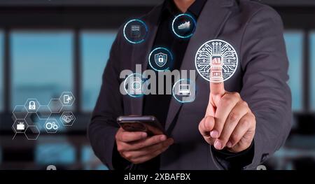 Businessman teaches the concept of optimizing business processes using artificial intelligence. Stock Photo