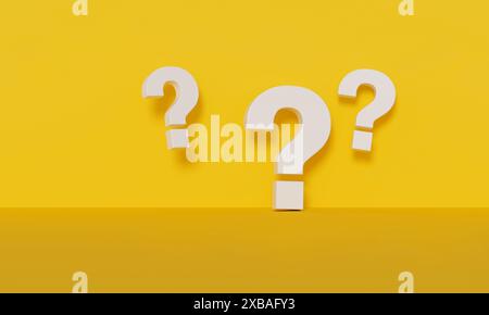 Minimalistic image featuring three white question marks standing against a vibrant yellow background, symbolizing inquiry, curiosity, and uncertainty. Stock Photo