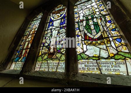 War memorial window. St Thomas a Beckett church, Wolvesnewton, Monmouthshire, Wales. UK Stock Photo