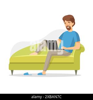 Man sitting on sofa freelancer working on sofa sitting with laptop Stock Vector