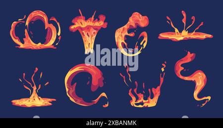 Liquid lava. Burning splashes of volcano lava magma exact vector animation effects for games Stock Vector