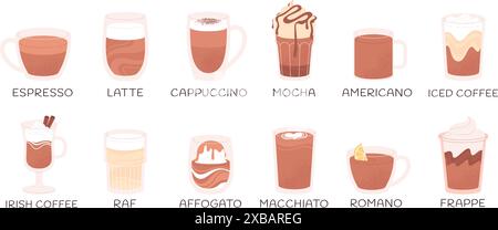Coffee types. Cups and mugs with drinks. Americano espresso latte cappuccino and frappe. Morning wake up beverages, racy vector cafe elements Stock Vector