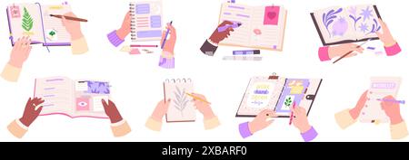 Hands writing and drawing. Hand painting, making notes, writes diary or wishlist. Teenager to do list, business planners, paper artbook, racy vector Stock Vector