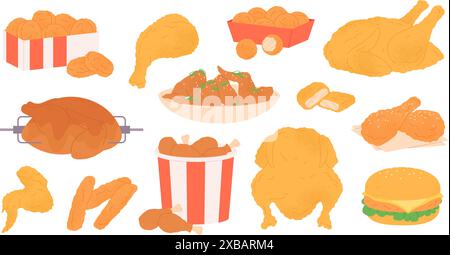 Fried chicken fast food. Crispy chicken wings and legs, stripes and balls in paper bucket. Meals for eating to go popular meals, restaurant dish racy Stock Vector