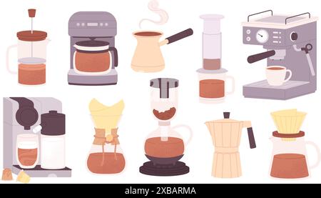 Coffee makers. French press filter and capsules. Espresso machine and cezve. Cafe or bakery equipment for morning energy hot drinks, racy vector set Stock Vector