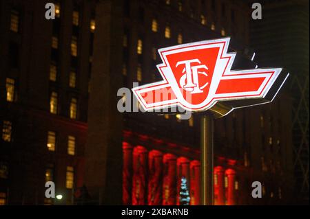 Toronto, ON, Canada – April 30, 2024: The sign of the Toronto Transit Commission transport company in Downtown Toronto Stock Photo