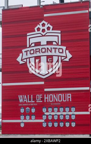 Toronto, ON, Canada – April 5, 2024:  Toronto F.C. MLS team logo at their home stadium in downtown Toronto, BMO Field Stock Photo