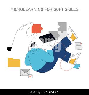 Soft Skills Training concept. Illustration of a person using a tablet, symbolic puzzle pieces and communication icons. Digital learning and interpersonal skill development. Vector illustration. Stock Vector