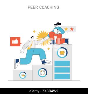 Soft Skills Training concept. Interactive peer coaching session with collaborative learning elements. Professional development and teamwork enhancement. Vector illustration. Stock Vector