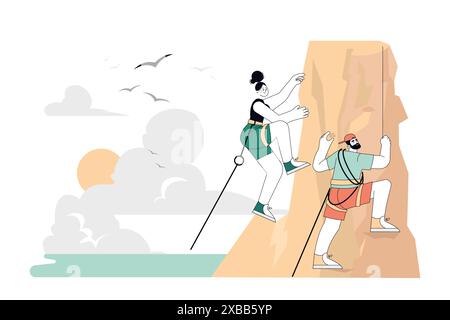 Summer climbing activity illustration. Two people engage in rock climbing on a bright day, symbolizing adventure and teamwork. Vector illustration. Stock Vector