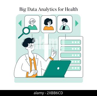 Healthcare Innovation concept. A clinician analyzes patient data using big data analytics for better health outcomes. Patient profiles, medical research. Vector illustration. Stock Vector